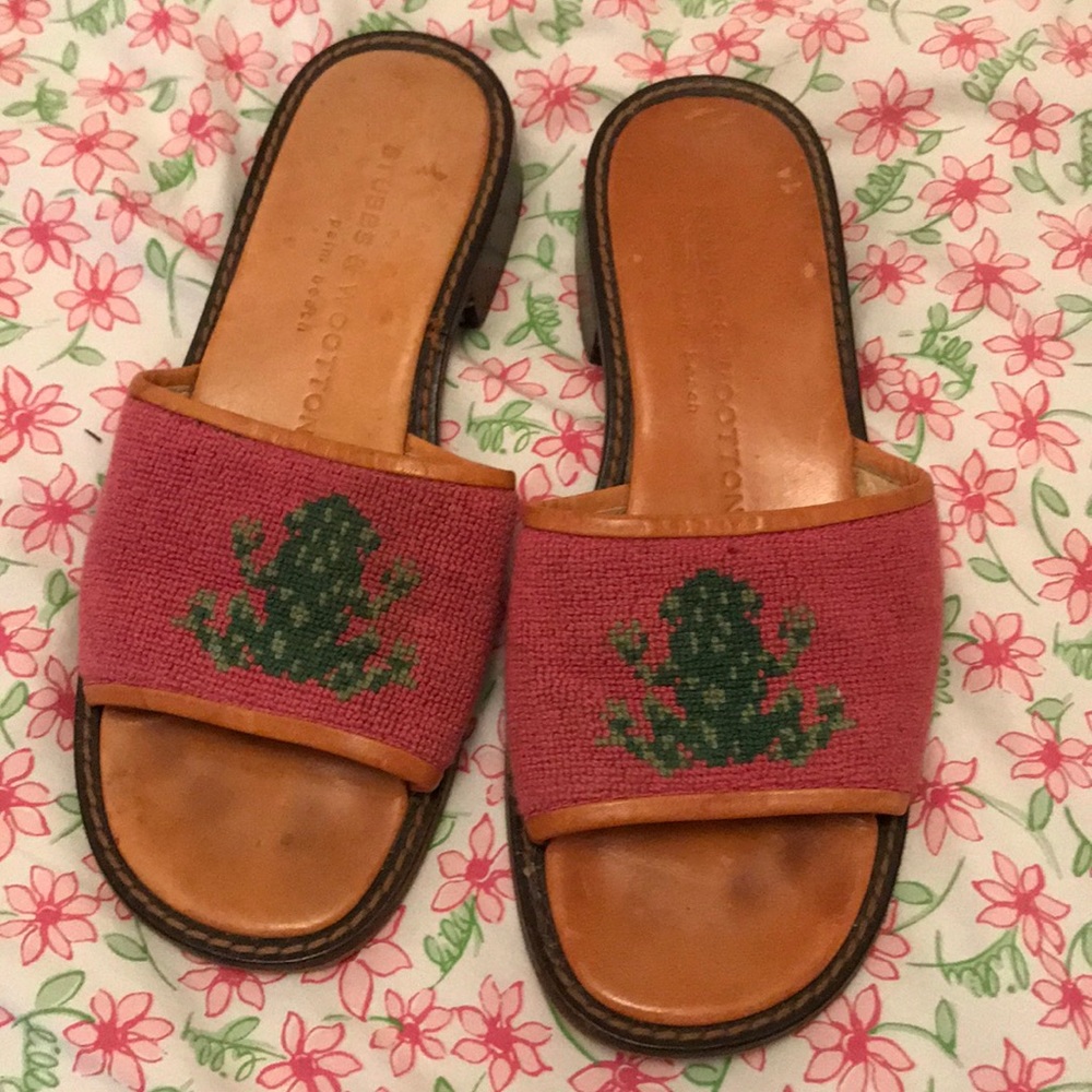 Pink frog needlepoint . Stubbs and Wooten.